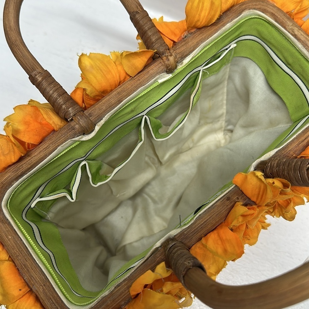 Gretchen Scott Floral Wicker Basket Bag Wooden Top Handles Purse Marigold Orange - Picture 8 of 9
